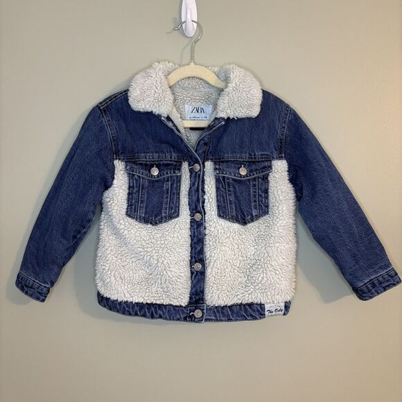 Zara Kids Girl Denim Sherpa Jacket Minnie Mouse Walt Disney 5/6 Jean - Picture 2 of 8
